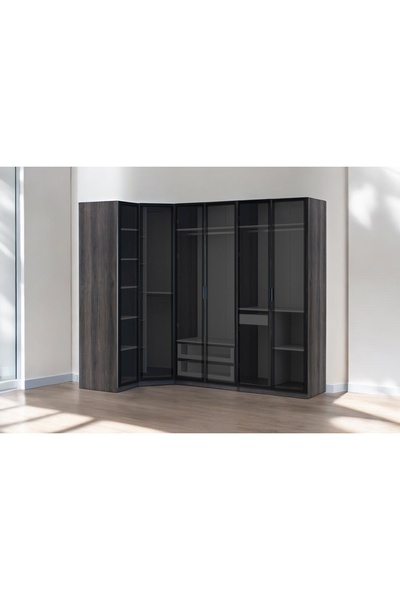 Vivense PANDOR NOX CAM GARDIROP, KÖŞE MODÜLLÜ, KOYU CEVİZ