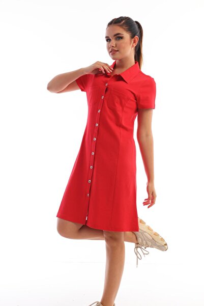 Edelle Kırmızı Kadın Günlük Elbise Polo Yaka Slim Fit Pamuklu Kısa Kollu Pike