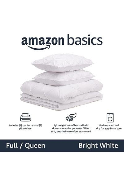 erorex All Season Down Alternative 3 Piece Comforter Bedding Set Full Queen Bright White Pinch Pleat With