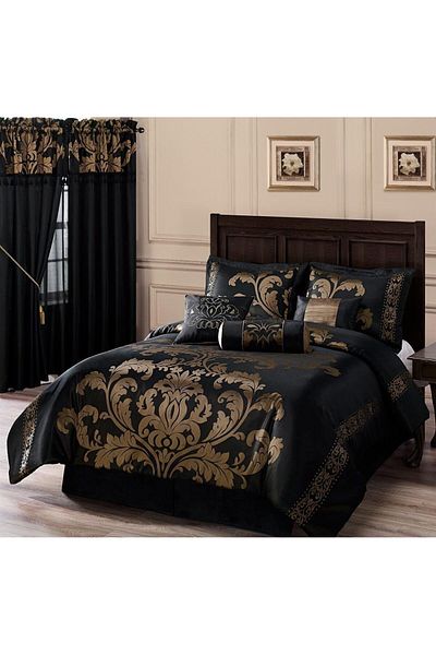 erorex 7 Piece Jacquard Floral Comforter Set Bed In A Bag Set King Black Gold