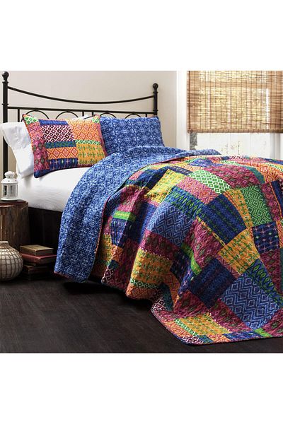 erorex Misha Quilt Patchwork Bohemian Reversible Print Pattern 3 Piece Bedding Set King Fuschia And Blue
