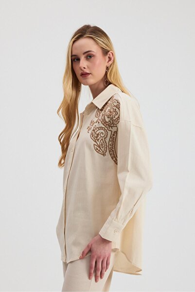 Rays 1571 Nakışlı Balıksırtı Gömlek Bej