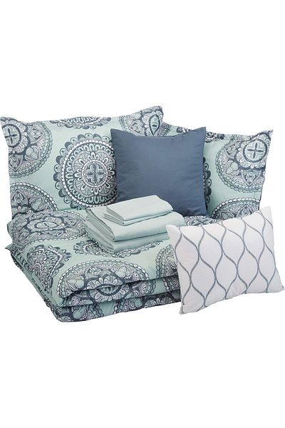 erorex 10 Piece Bed In A Bag Soft Easy Wash Microfiber Full Queen Sea Foam Medallion