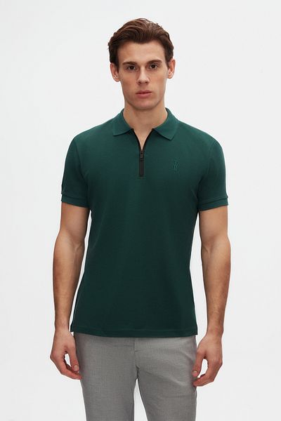 Twn Slim Fit Khaki Pique Textured Half Zip Polo Neck T-Shirt