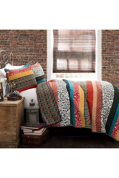 erorex Stripe Reversible Cotton Quilt 3 Piece Set Full Queen Turquoise And Tangerine Bold Colorful