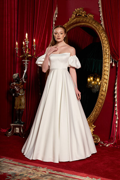Lenta Wedding Beyaz Kayık Yaka Balon Kollu Maxi Boy Saten Helen Gelinlik