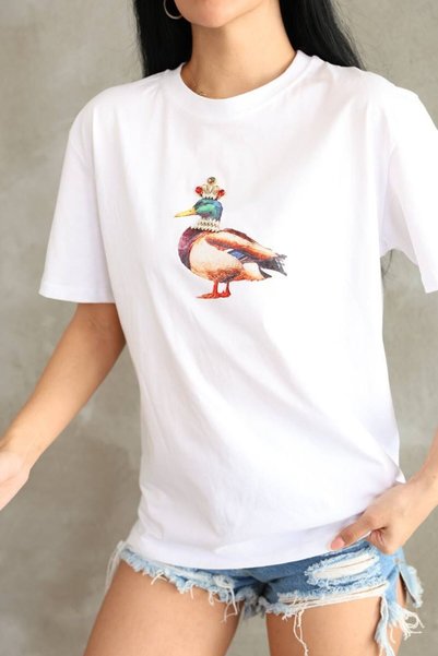 Moda Banuş Duck Printed Cotton Stone Oversize T-Shirt