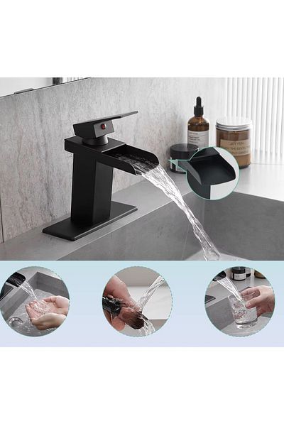 RENA DESIGN Washbowl Faucet Matte Black Waterfall Square Body Slanting Basin Bathroom Fixture Double Entry Luxury Ergonomic