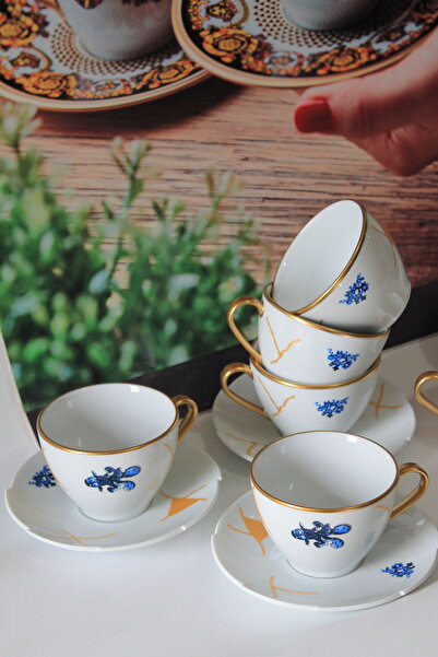 Moon Dizayn 12 Parça 6 Kişilik El Yapımı Özel Üretim Porselen Çay Kahve Finca...