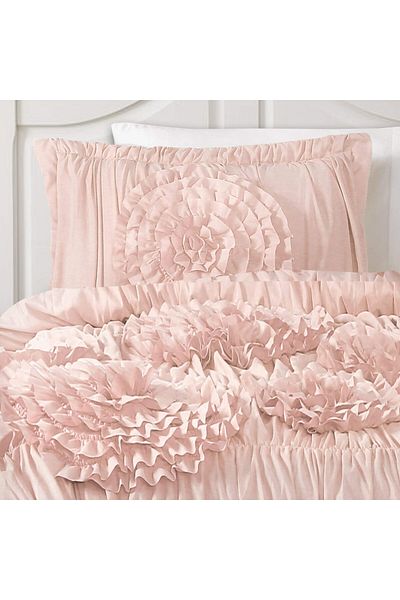 erorex Serena Comforter Set 2 Piece Set Twin Xl Blush Ruched Ruffled Flower Design Ruffle Bedding Set For