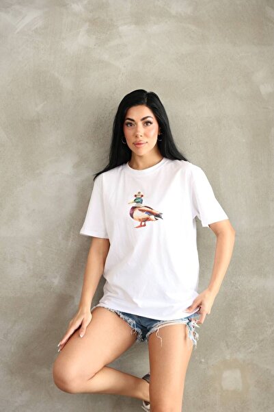 Moda Banuş Duck Printed Cotton Stone Oversize T-Shirt