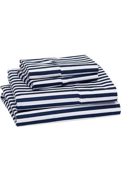 erorex Lightweight Super Soft Easy Care Microfiber Bed Sheet Set With 14” Deep Pockets Full Navy Pinstripe
