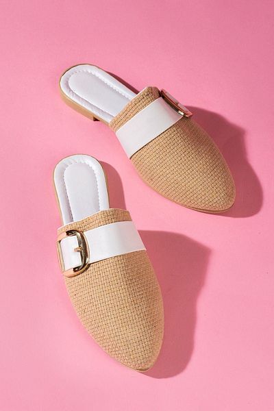FUGA MODA Pedry White Gold Buckle Straw Textured Closed Front Slippers