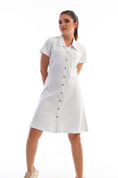 Edelle Beyaz Kadın Günlük Elbise Polo Yaka Slim Fit Pamuklu Kısa Kollu Pike