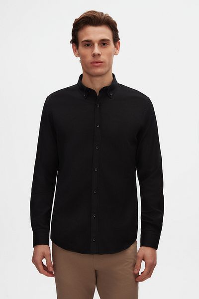 D'S Damat Slim Fit černý Oxford límec s knoflíky Bavlněná košile se snadno žehlícími detaily výšivky