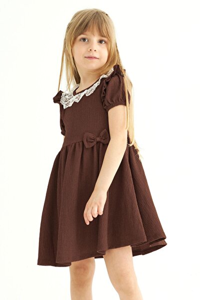 zepkids Τετράγωνο γιακά με βολάν μανίκι Crew Lack κορδέλα Λεπτομερής δαντέλα γιακάς καφέ Χρώμα για κορίτσι