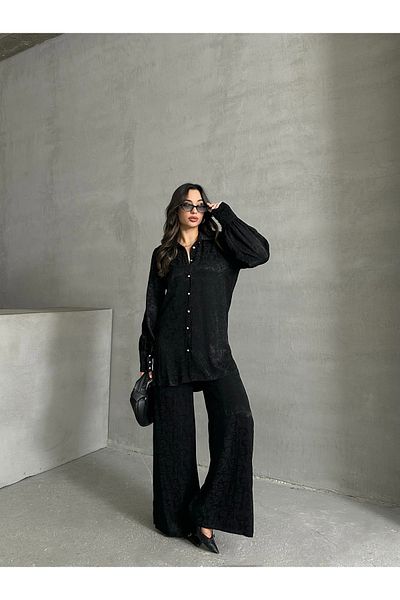 MD trend Women's Patterned Oversize Balloon Sleeve Satin Shirt and Palazzo Pants Double Set