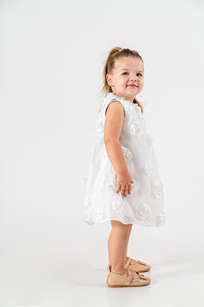 Magu White 3D Rose Detailed Girl's Dress – Sleeveless, Cotton, Special Daily