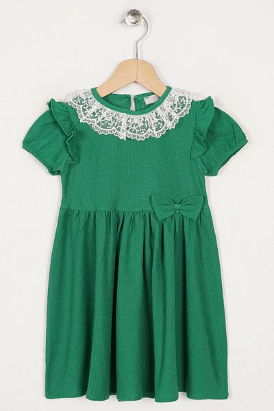 zepkids Square Collar Ruffle Sleeve Crew Neck Ribbon Detailed Lace Collar Dark Green Color Girl's Dress