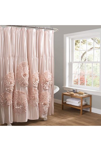 erorex Serena Ruffle Shower Curtain 72 Inch W X 72 Inch L Blush Beautiful Ruched Flower Design Luxury