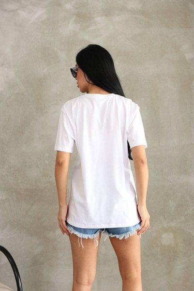Moda Banuş Duck Printed Cotton Stone Oversize T-Shirt