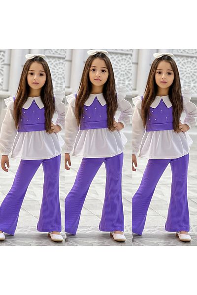 Yalçınoğlu Kids طقم بناتي مكون من قطعتين بتفاصيل لؤلؤية - مجموعة عصرية ومريحة I بدلة عيد للفتيات I مجوهرات على شكل فيونكة