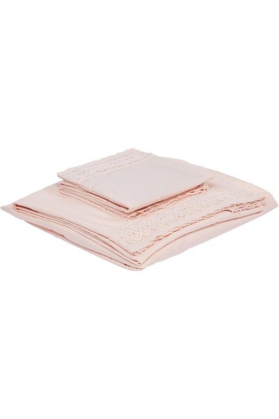 erorex 4 Piece 100 Percent Microfiber Crochet Lace Bed Sheet Set Blush Queen