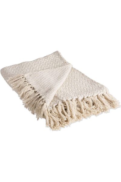 erorex Modern Zig Zag Throw Blanket Woven Cotton Hand Knotted 2.5 Inch Fringe 50X60 Natural