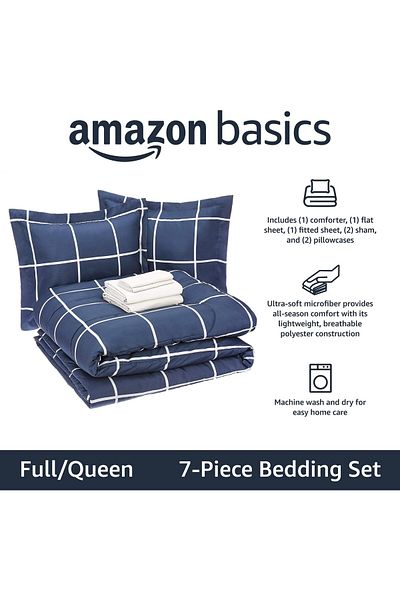 erorex Lightweight Microfiber 7 Piece Bed In A Bag Comforter Bedding Set Full Queen Navy With Simple Plaid