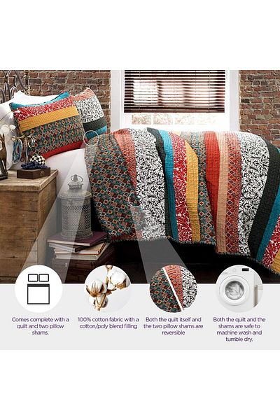 erorex Stripe Reversible Cotton Quilt 3 Piece Set Full Queen Turquoise And Tangerine Bold Colorful