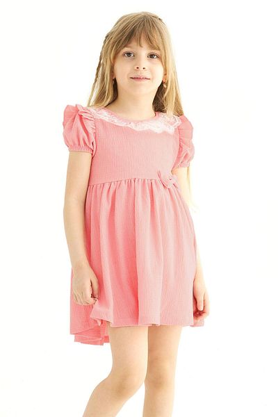 zepkids Square Collar Ruffle Sleeve Crew Neck Ribbon Detailed Lace Collar Salmon Color Girl's Dress