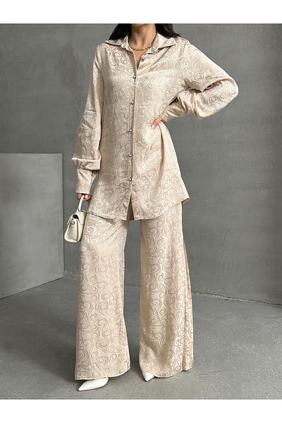 MD trend Women's Patterned Oversize Balloon Sleeve Satin Shirt and Palazzo Pants Double Set