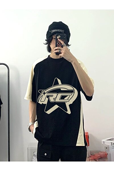 Minga London Tricou negru supradimensionat cu imprimeu 3D Star RC Galaxy, bej...