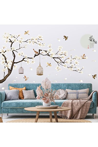 erorex Chinese Style White Flowers Black Tree And Flying Birds For Offices Home Walls Bedroom Study Room