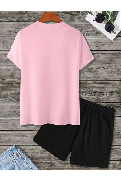 NO 601 Men's Pink Oversize Tshirt X Smiley Printed Black Combed Cotton Shorts Set