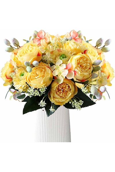 erorex Artificial Flowers 2 Pcs Yellow Fake Peony Silk Hydrangea Party Home Decoration Peony Flower