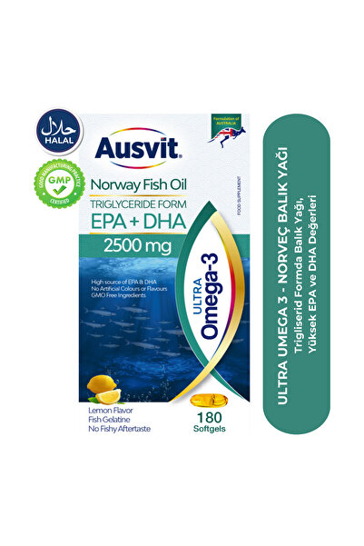 Ausvit Ultra Omega-3 Norway Fish Oil Epa Dha 2500mg Norveç Balık Yağı 180 Softgel