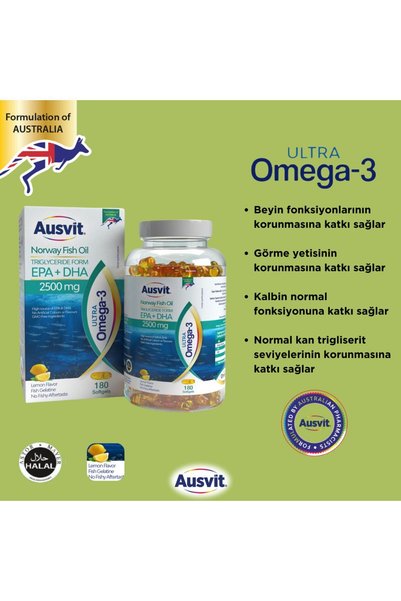 Ausvit Ultra Omega-3 Norwegian Fish Oil Softgel |   Supplemental Food Containing Epa and Dha 180 Capsules