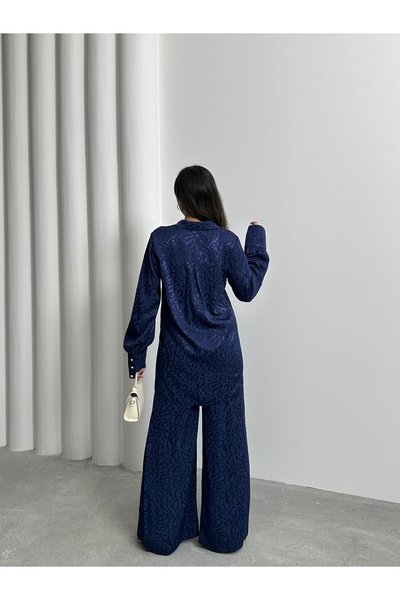 MD trend Women's Patterned Oversize Balloon Sleeve Satin Shirt and Palazzo Pants Double Set