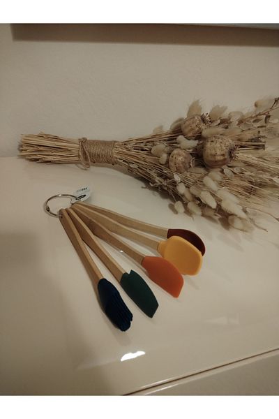 KAPLANBABA Mini Silicone Spatulas and Brushes Set, 5 Pieces, 20 cm Assorted Color with Bamboo Handles