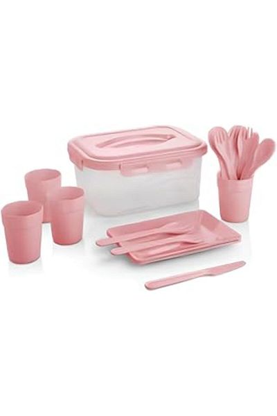 Hepta Collection 22 Piece Picnic Set, for 4 People, Plate, Glass, Cutlery Set and Storage Container (Pink)
