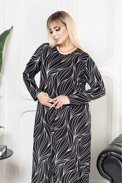 Şans Women's Plus Size Black, Patterned Viscose Long Sleeve Dress 65N38823