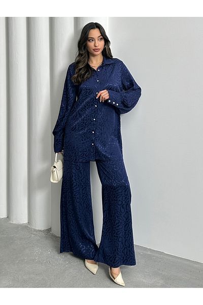 MD trend Women's Patterned Oversize Balloon Sleeve Satin Shirt and Palazzo Pants Double Set