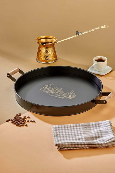Milenay Decorative Metal Tray, Wooden Handle, Special Pattern and Matte Paint, 37cm