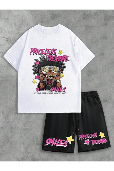 WNWGKN Trendpunky Unisex Hiphop Printed Bottom Top Shorts T-Shirt Set