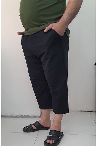 Mertcan Butik Μαύρο χτενισμένο βαμβακερό βισκόζη casual ελαστική μέση με τσέπες καπρί παντελόνι