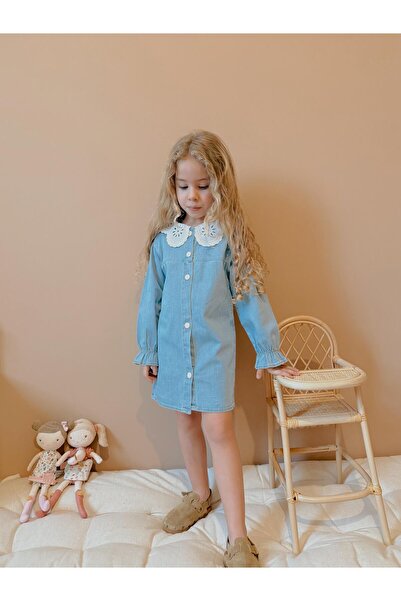YİGİT BUTİK Yigit Butik Dantel Yaka Kız Çocuk Denim Elbise