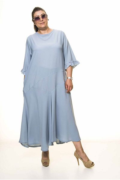 sharin Rochie de damă cu mâneci cu volane, lungă, asimetrică, albastru bebeluș A3-4044