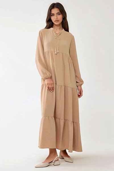 Hiccup Textured Tie Detail Crew Neck Modest Dress