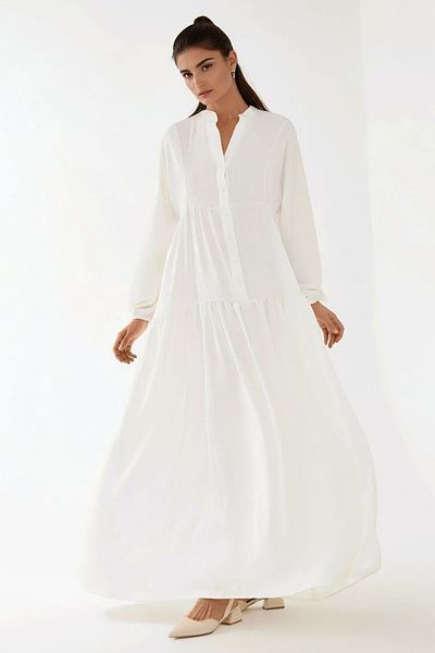 Hiccup Button Detailed Textured Long Sleeve V-Neck Maxi Dress